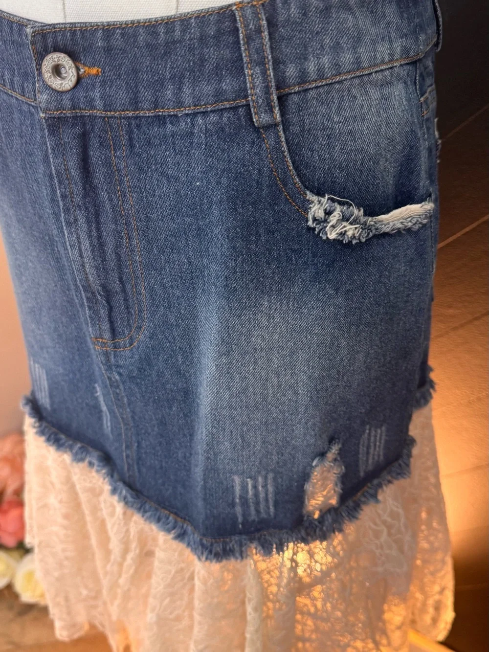 POL Clothing Blue Denim & Cream Lace High-Low Skirt - Picture 7 of 11